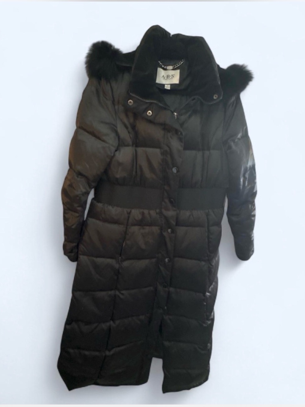 ABS Allen Schwartz Black Long Quilted Puffer Coat with Fur-Trim Hood